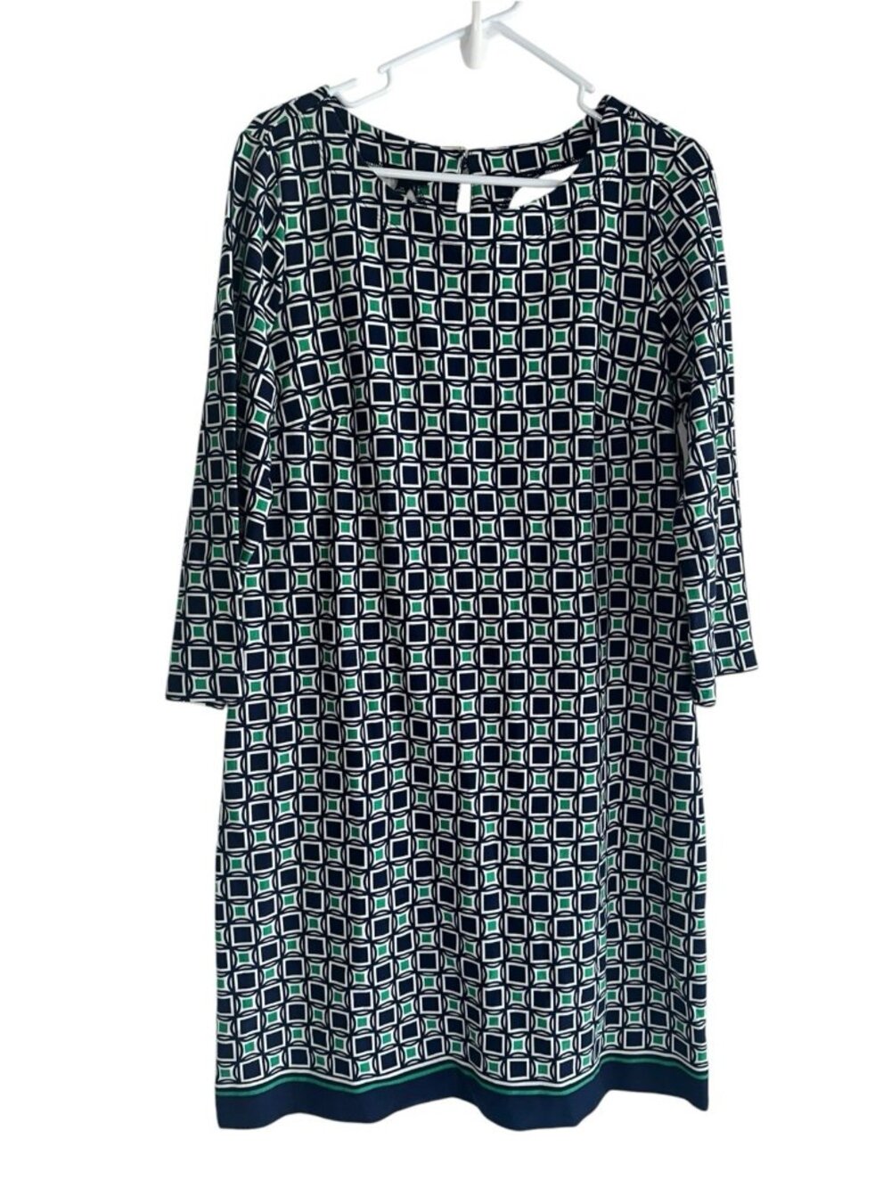 Talbots Womens Knit Shift Dress Sz 10 Navy Green Geometric Preppy Career